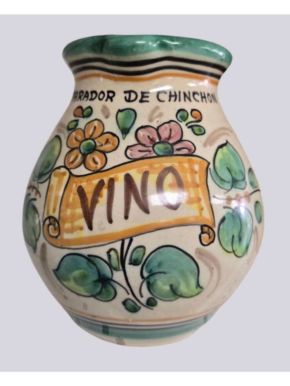 Vintage Spanish Chinchon Vino Jug – Hand Painted Pottery Pitcher Signed